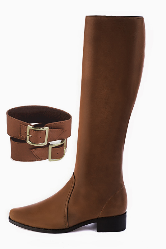 Caramel brown women's calf bracelets, to wear over boots. Top view - Florence KOOIJMAN